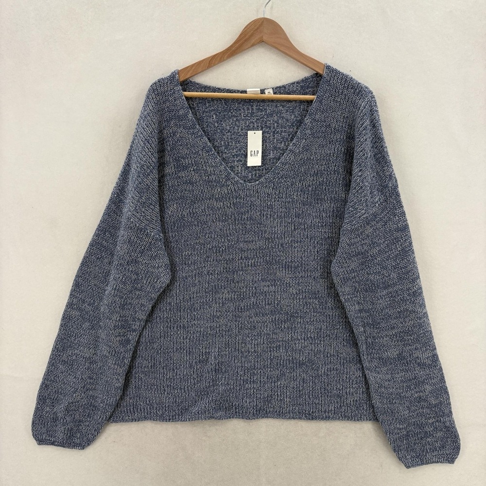 Gap Sweater Womens XXL Blue Cotton V Neck Puff Sleeve Chunky Knit Pullover NWT